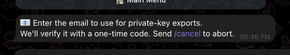 Bot prompt asking for the email address to use for private-key exports