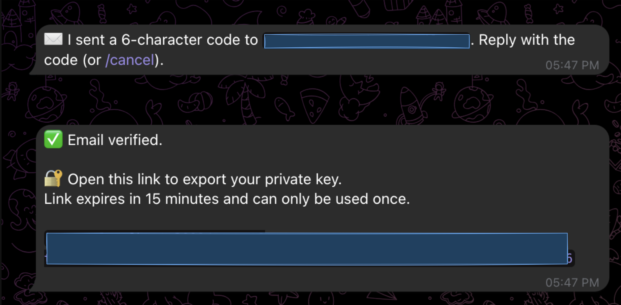 Bot conversation showing OTP request, email verified confirmation, and one-time export link