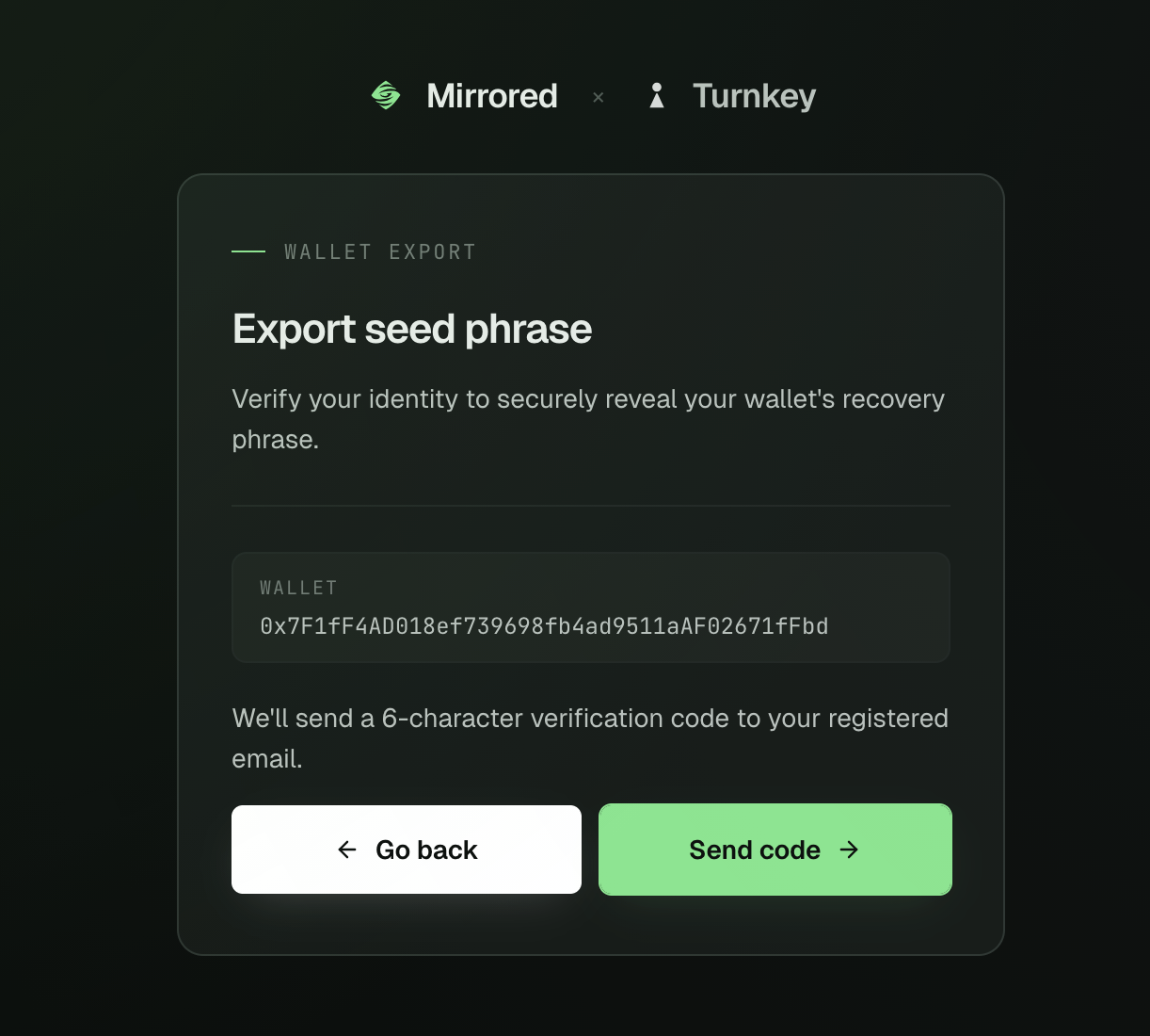 Mirrored export page with Turnkey branding, showing the wallet address and a Send code button