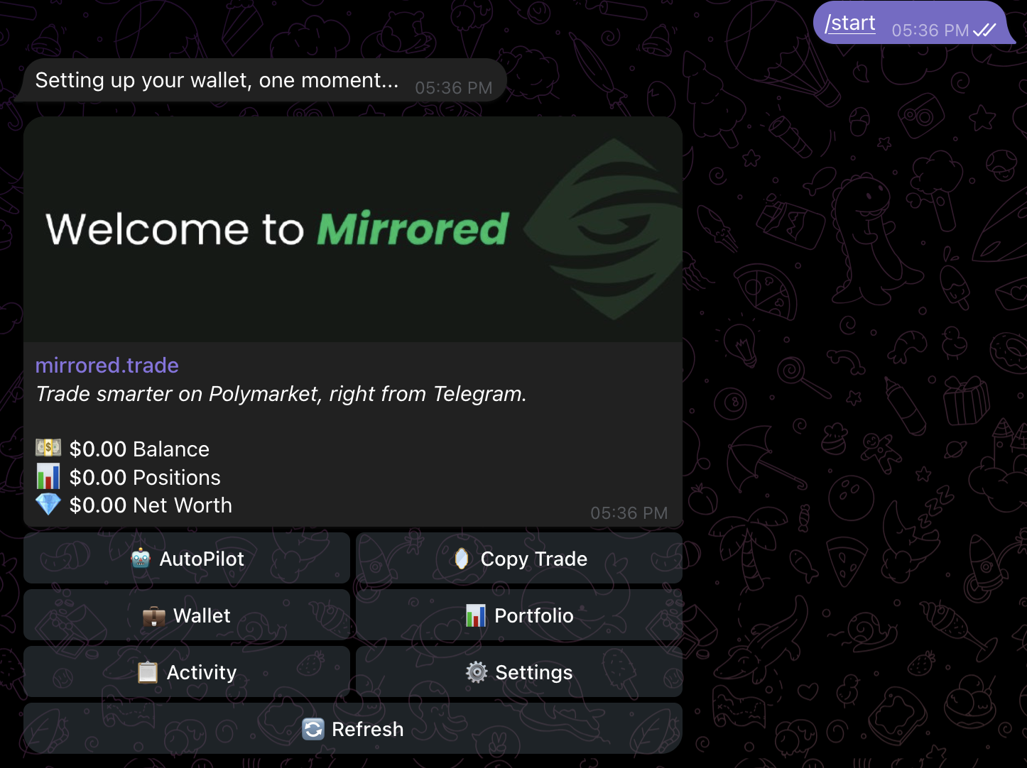 Mirrored welcome screen showing $0 balance, positions, and net worth with the main menu